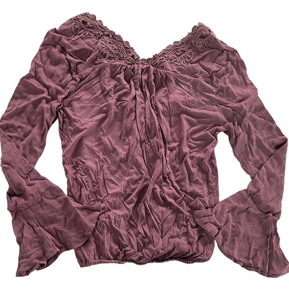 Daytrip Top Womens X Small Pink Lace V‎ Neck Faux Wrap Boho Bell Sleeve Blouse - Picture 2 of 7